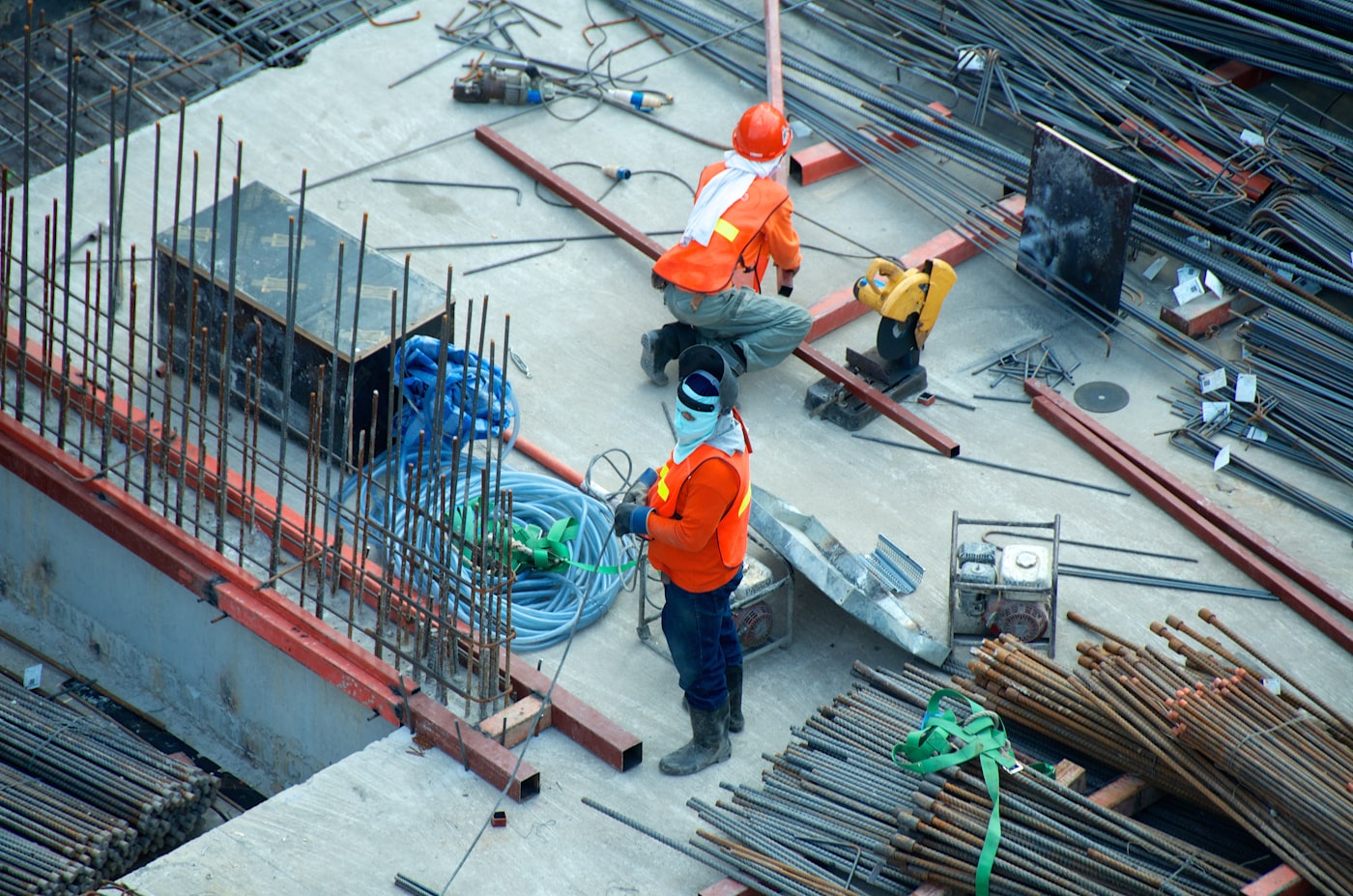Construction workers on a reinforced concrete site