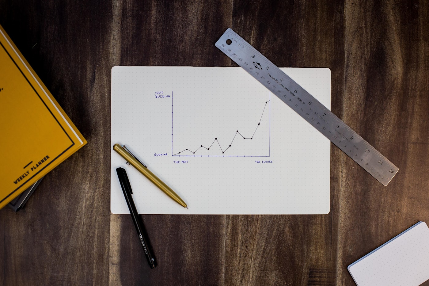 A hand-drawn growth chart on a desk beside a pen and ruler