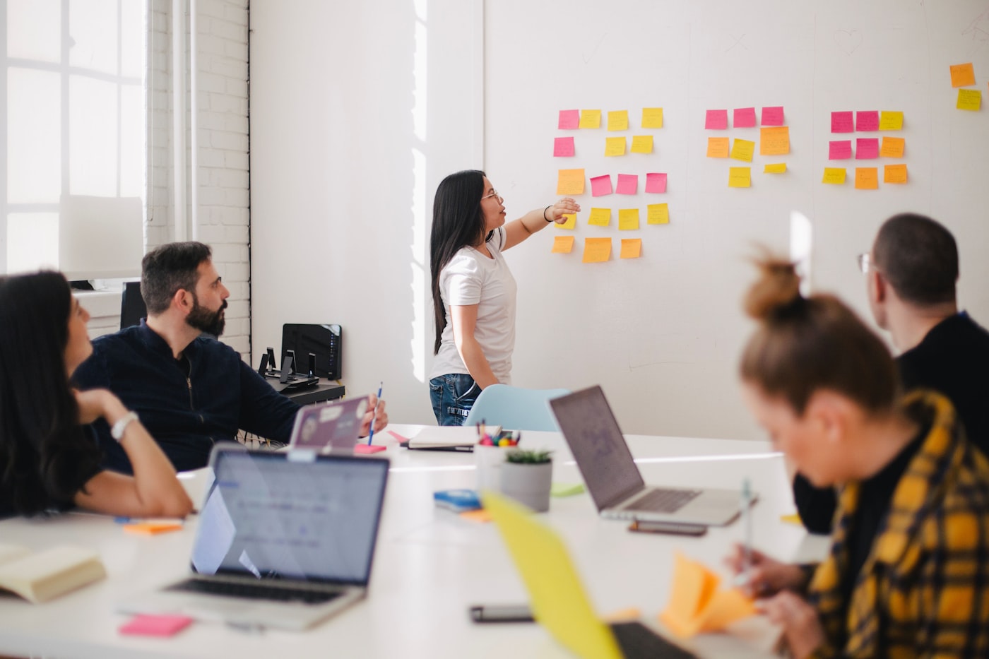 A team mapping out a business process on a wall